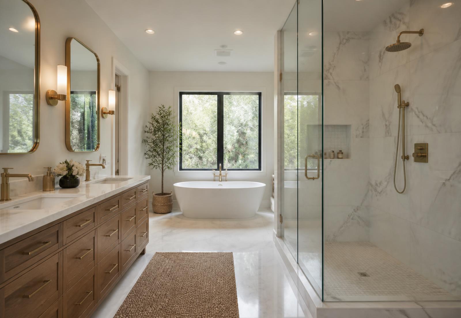 Newly remodeled bathroom with marble tile and brass fixtures